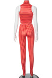 Red Street Striped Patchwork Turtleneck Sleeveless Two Pieces
