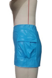 Azul sexy sólido retalhos bolso magro meados de cintura convencional cor sólida bottoms