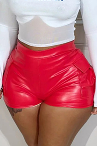 Rojo Sexy Retazos lisos Bolsillo Flaco Mediados de cintura Convencional Pantalones de color sólido
