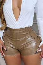 Marrón oscuro Sexy parches lisos bolsillo flaco cintura media pantalones de color sólido convencionales