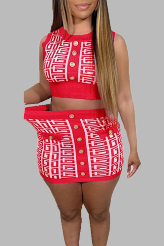 Red Elegant Geometry Print Patchwork Buckle O Neck Sleeveless Two Pieces Tank Crop Tops And Skirt Set