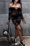 Black Sexy Solid Hollowed Out Patchwork Off the Shoulder Long Sleeve Dresses