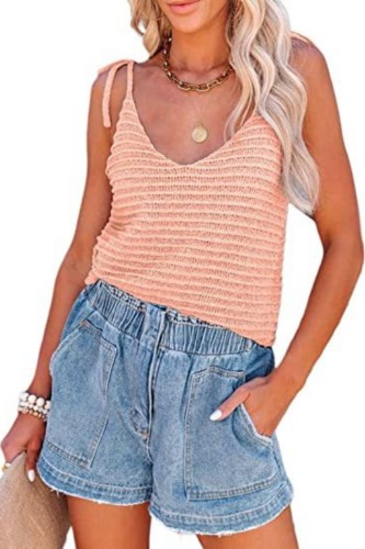 Pink Sexy Casual Solid Bandage V Neck Tops