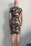 Camouflage Sweet Camouflage Print Patchwork Buckle O Neck Sheath Dresses