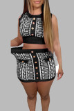 Pink Elegant Geometry Print Patchwork Buckle O Neck Sleeveless Two Pieces Tank Crop Tops And Skirt Set