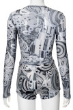 Grey Street Print Patchwork O Neck Long Sleeve Two Pieces