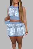 Sky Blue Elegant Geometry Print Patchwork Buckle O Neck Sleeveless Two Pieces Tank Crop Tops And Skirt Set