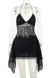 Zwarte sexy effen gescheurde patchwork vouw halter onregelmatige jurken