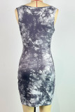 Grey Sexy Print Patchwork Asymmetrical Collar Wrapped Skirt Dresses