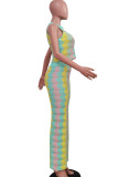 Yellow Blue Casual Stripe Print Patchwork O Neck Sleeveless Two Pieces Knitted Tank Tops And Pants Sets