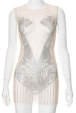 White Sexy Hot Drilling Patchwork See-through Mesh O Neck Wrapped Skirt Dresses