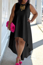 Black Casual Solid Patchwork O Neck Irregular Plus Size Dresses
