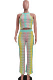 Yellow Blue Casual Stripe Print Patchwork O Neck Sleeveless Two Pieces Knitted Tank Tops And Pants Sets