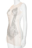 Robe jupe enveloppée en maille transparente, blanche, Sexy, perçage chaud, Patchwork, col rond