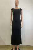 Zwarte elegante effen patchwork rugloze lange jurken met O-hals