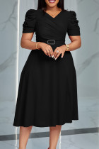 Zwarte elegante effen patchwork vouw V-hals A-lijn jurken