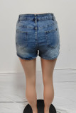 Light Blue Denim Skort For Women Street Solid Patchwork Pocket Buckle Zipper Mid Waist Regular Denim Shorts