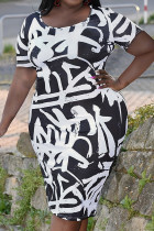 Zwarte elegante print patchwork U-hals wikkelrok plus maten jurken