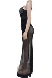 Schwarze, elegante, solide Patchwork-Kleider mit durchsichtigem, hochöffnendem Mesh-Hot-Drill-Spaghettiträger-Sling-Kleid