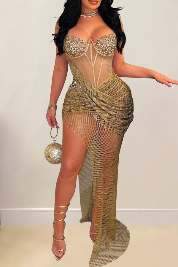 Ouro elegante sólido retalhos transparente malha de abertura alta quente broca cinta espaguete vestidos estilingue