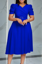 Bleu élégant solide patchwork pli col en V robes trapèze