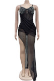 Schwarze, elegante, solide Patchwork-Kleider mit durchsichtigem, hochöffnendem Mesh-Hot-Drill-Spaghettiträger-Sling-Kleid