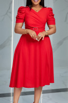 Rode elegante effen patchwork vouw V-hals A-lijn jurken