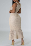 Cream White Elegant Solid Hollowed Out Patchwork Buckle U Neck Sleeveless Two Pieces