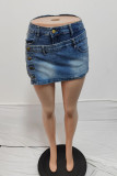 Light Blue Denim Skort For Women Street Solid Patchwork Pocket Buckle Zipper Mid Waist Regular Denim Shorts