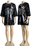 Zwarte casual elegante print pailletten patchwork o-hals rechte jurken