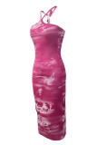 Rozerode elegante patchwork rugloze halter lange jurken