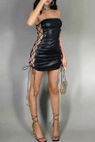 Black Sexy Solid Patchwork Cross Straps Strapless Wrapped Skirt Dresses