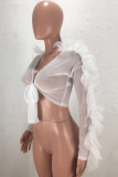 Branco Sexy Bandagem Sólida Patchwork Malha Transparente Selvedge V Neck Tops