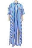Light Blue Casual Striped Print Patchwork Buckle Turndown Collar Shirt Dress Dresses