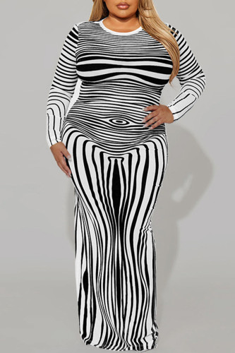 White Elegant Striped Patchwork O Neck Printed Plus Size Dresses