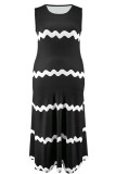 Black Elegant Striped Patchwork O Neck Long Plus Size Dresses