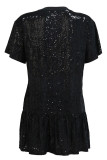 Black And White Casual Print Sequins Patchwork O Neck Straight Dresses