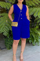 Blue Casual Solid Patchwork Pocket Buckle V Neck Sleeveless Two Pieces Vests Blazer Top And Shorts Sets
