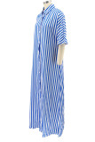 Light Blue Casual Striped Print Patchwork Buckle Turndown Collar Shirt Dress Dresses