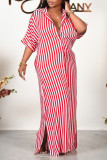 Красное повседневное полосатое платье-рубашка с отложным воротником и пряжкой в ​​стиле пэчворк Платья Платья