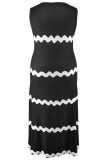 Black Elegant Striped Patchwork O Neck Long Plus Size Dresses