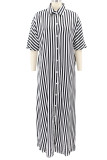 Red Casual Striped Print Patchwork Buckle Turndown Collar Shirt Dress Dresses