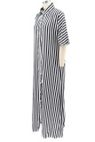 Black Casual Striped Print Patchwork Buckle Turndown Collar Shirt Dress Dresses