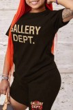 Black Casual Street Print Letter O Neck Plus Size Two Pieces