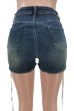 Blue Casual Patchwork Pocket Cross Straps Zipper Low Waist Skinny Denim Shorts