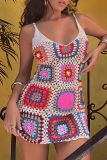 Colour Sweet Hollowed Out Patchwork Weave Spaghetti Strap Sling Dresses
