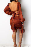 Светло-коричневые элегантные однотонные платья-юбки с запахом и квадратным воротником в стиле пэчворк