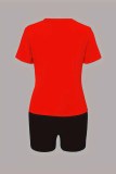 Красный Повседневная Фигура С принтом Пэчворк Круглый вырез С короткими рукавами Два предмета