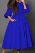 Blauw elegant effen patchwork met riem O-hals A-lijn jurken