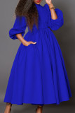 Синие элегантные однотонные лоскутные платья с поясом и круглым вырезом